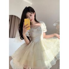 批发夏季2025法式蝴蝶结提花<b class='q'>欧根纱</b>仙女感连衣裙女在逃公主蓬蓬短裙子