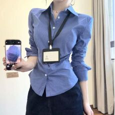 批发复古蓝色细格纹收腰显瘦<b class='q'>衬衫女</b>秋季新款小个子短款翻领休闲衬衣潮