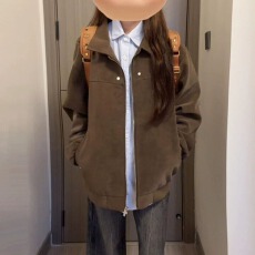 批发美式复古棕色翻领外套女春秋款2025仿麂皮绒PU高级情侣夹克上衣
