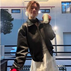 批发美式复古黑色皮衣外套女秋季新款高级感拉链短款机车服pu皮夹克潮