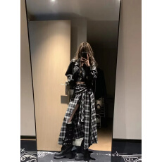 批发两件套复古不规则格子半身裙女2025秋冬新款黑色夹克显瘦皮衣外套