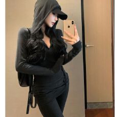 批发休闲套装气质修身连帽长袖卫衣外套女冬季微喇叭直筒<b class='q'>裤</b>灰色两件套
