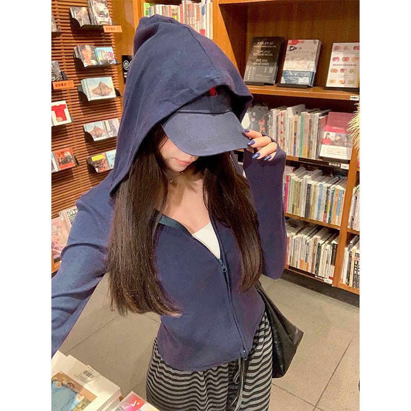 MY14412# 甜辣藏青连帽卫衣外套新款修身显瘦百搭双拉链长袖上衣女裝貨...