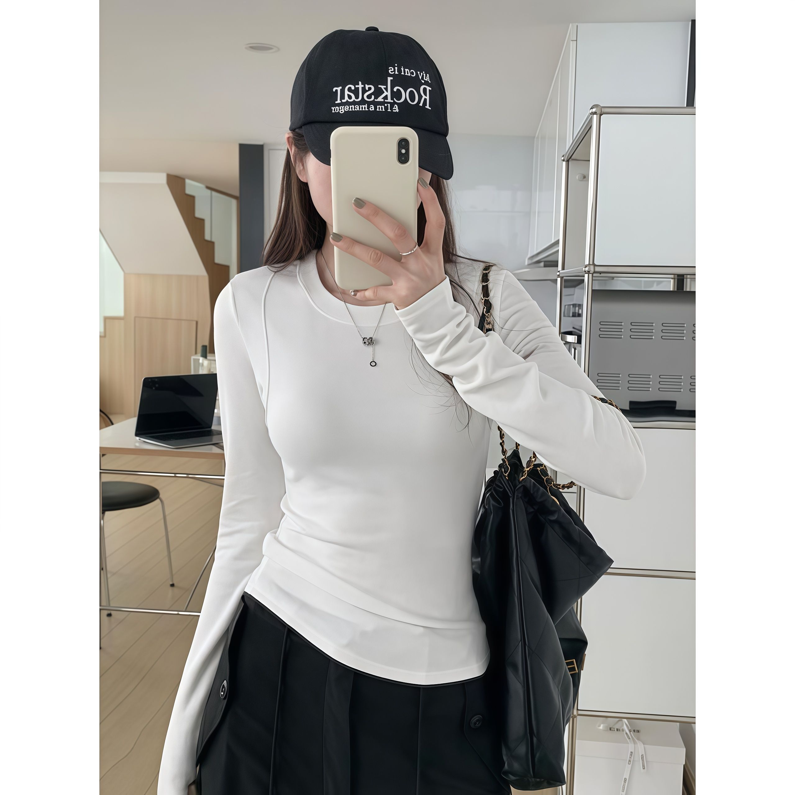 MY14409# ch纯色净版美式正肩长袖t恤新款chic修身鱼骨打底衫上衣女裝貨源服裝批發