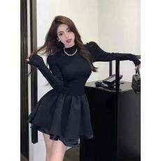 批发黑色半高领长袖<b class='q'>连衣裙</b>女装2025秋冬新款气质修身显瘦A字短裙裙子