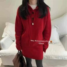 批发韩版时尚宽松慵懒风连帽长袖套头针织毛衣+松紧腰半身裙两件套装