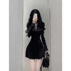 批发纯欲收腰褶皱短款衬衫<b class='q'>连衣裙</b>女夏季美式运动风polo领收腰减龄伞裙