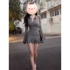 批发辣妹纯欲深V领长袖t恤女polo领收腰显瘦上衣高腰百褶裙裤<b class='q'>两件</b>套秋