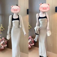 批发名媛风套装宽松撞色长袖开衫外套女秋季吊带连衣裙包臀裙子<b class='q'>两件</b>套