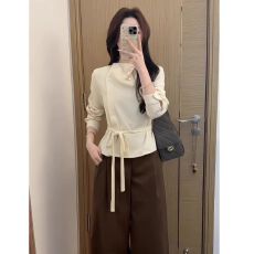 批发韩系chic春秋时尚简约不对称荡领长袖<b class='q'>衬衫</b>女斜门襟绑带收腰上衣