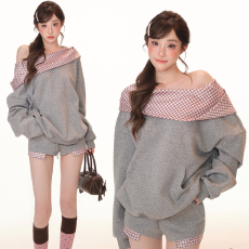 批发柏林甜茶 秋季新款套<b class='q'>装</b>格子拼接灰色卫衣上衣+短<b class='q'>裤</b>两件套女慵懒风