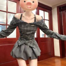 批发韩系学院风一字肩格纹长袖<b class='q'>连衣裙</b>女<b class='q'>春秋</b>2025新款miu系穿搭一整套