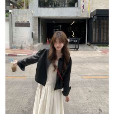 批发韩系chic衬衫领短款PU皮衣外套女夹克小个子