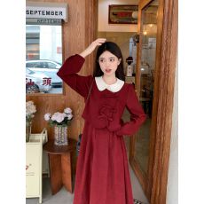 批发法式甜美娃娃领假两件红色长裙女秋冬大码显瘦复古优雅<b class='q'>礼服</b><b class='q'>连衣裙</b>