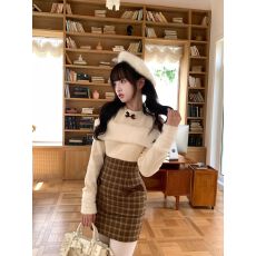 批发甜美蝴蝶结针织拼接格子露肩<b class='q'>连衣裙</b>女早秋学院风高腰显瘦包臀短裙