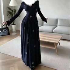 批发法式高级感重工烫钻半开领收腰长袖<b class='q'>连衣裙</b>女2025<b class='q'>秋季</b>新款气质长裙