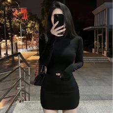 批发洋气半高领紧身<b class='q'>连衣裙</b>女<b class='q'>秋季</b>长袖修身打底裙子纯欲收腰包臀裙短裙