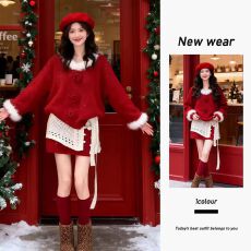 批发圣诞氛围感穿搭设计感拼接毛绒红色毛衣显瘦韩系高腰短裙两件套装