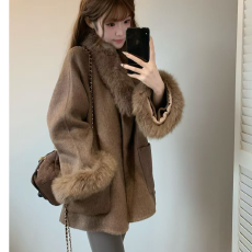 批发韩系chic羚羊绒领布毛毛可拆卸保暖上衣外套