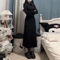 批发黑色长袖衬衫<b class='q'>连衣裙</b>子女2025新款早秋季法式穿搭长裙子