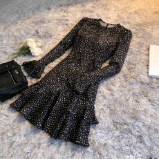 批发荷叶边波点喇叭袖雪纺<b class='q'>连衣裙</b>女春秋新款气质感收腰显瘦百搭短裙潮