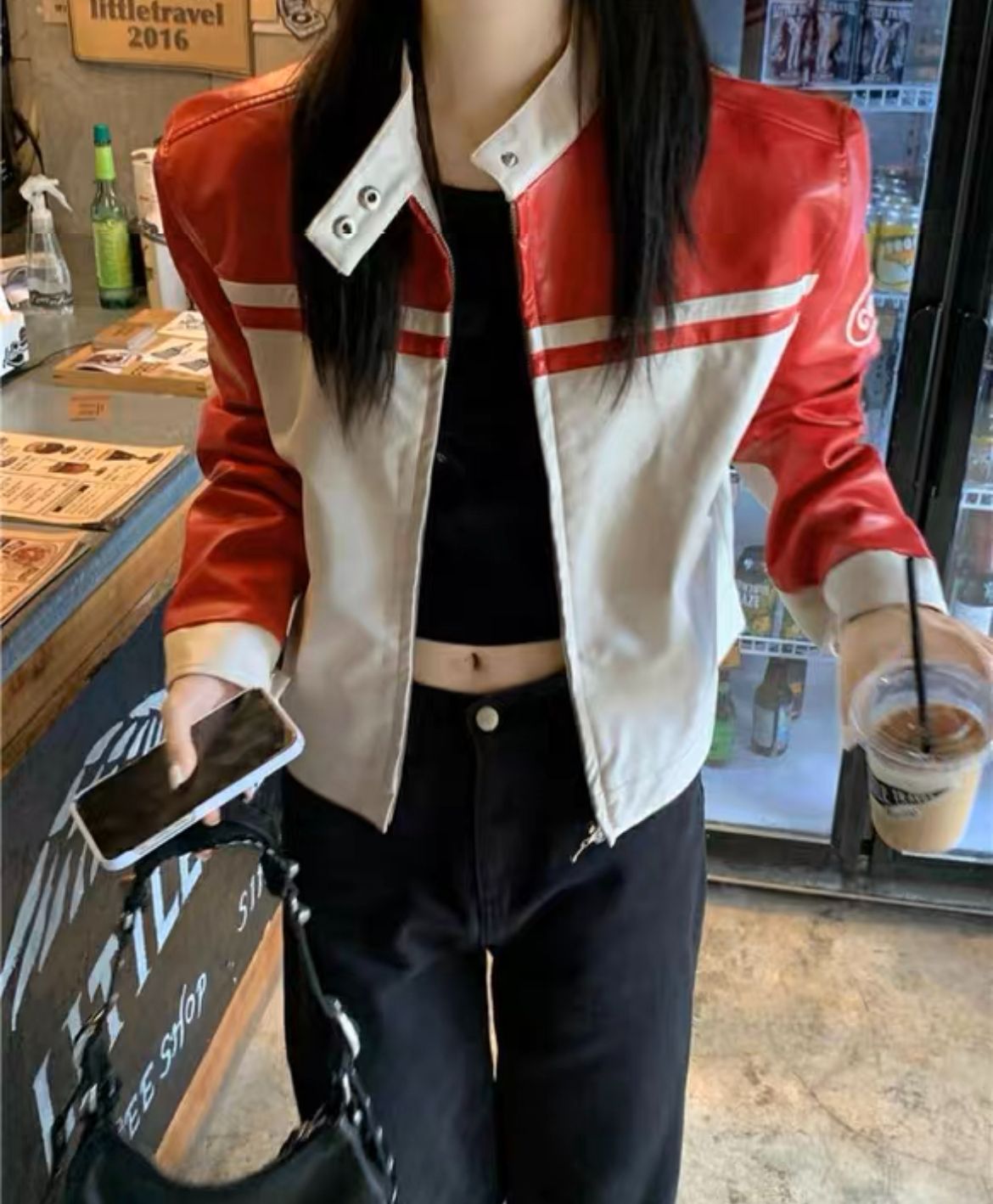 MY17745# 港味美式外套新款黑白撞色上衣宽松高腰机车棒球服ins女裝...