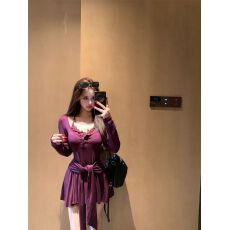 批发韩系设计感蕾丝吊带假两件长袖连衣裙2026秋独特漂亮气质a字短裙