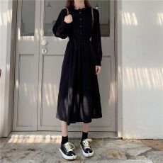 批发2026春装新款复古冷淡风中长款收腰木耳边长袖<b class='q'>连衣裙</b>女装裙子