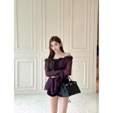 批发紫色一字领木耳边打底长袖雪纺衬衫短裙法式气质绑带收腰连衣裙女