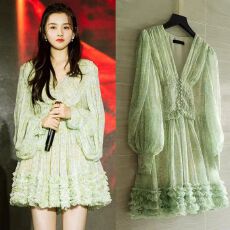 批发<b class='q'>明星</b>同款2026春秋季新<b class='q'>款</b>长袖绿色V领雪纺碎花<b class='q'>连衣裙</b>女