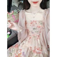 批发法式温柔甜美减龄抹胸碎花<b class='q'>连衣裙</b>子女夏天外穿防晒衫上衣两件套装