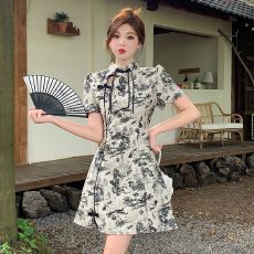 批发2026<b class='q'>夏季</b>女装气质国风复古<b class='q'>旗袍</b>领新款连衣裙收腰遮肚显瘦裙子