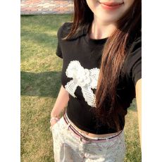 批发蝴蝶结刺绣圆领短袖<b class='q'>T</b><b class='q'>恤</b>女装夏季设计感修身辣妹白色<b class='q'>紧身</b>正肩上衣