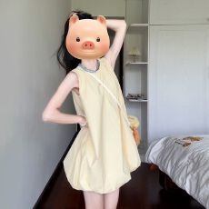 批发小个子黄色无袖背心<b class='q'>连衣裙</b>子女夏季2026新款海边度假<b class='q'>蓬蓬裙</b>花苞裙