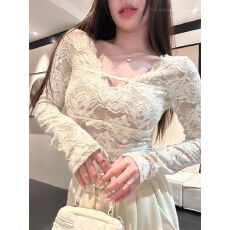 批发纯色v领长袖蕾丝衫女冬季蝴蝶结内搭T恤纯欲<b class='q'>修身</b>打底上衣