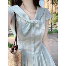 批发小清新蓝色海军领短袖<b class='q'>连衣裙</b>女2026年夏日绝美高级感掐腰A字长裙