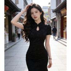 批发旗袍新中式改良重工提花旗袍黑色约会包臀收腰带袖连衣裙女