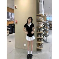 批发学院风撞色假两件衬衫连衣裙女Polo领短袖收腰显瘦百褶短裙夏季