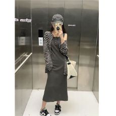 批发韩系慵懒<b class='q'>休闲</b>薄款条纹长袖防晒开衫女夏季宽松显瘦中长款裙子<b class='q'>套装</b>