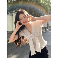 法式蝴蝶结系带蕾丝花边v领短袖条纹衬衫女夏季别致绝美短款上衣