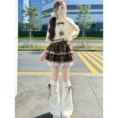 批发少女复古拼接设计感斗篷罩衫格纹蛋糕半身裙<b class='q'>百搭</b>腿套夏季四件套装