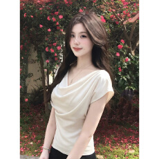 修身显瘦透气荡领设计感白色蝙蝠短袖T恤女休闲百搭外穿时髦上衣