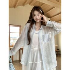 批发甜美微透防晒衬衫2026夏季新款宽松<b class='q'>中长款</b>长袖薄款<b class='q'>开衫</b>女空调衫潮