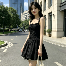 批发夏绑带显瘦短裙网纱<b class='q'>蓬蓬裙</b><b class='q'>连衣裙</b>2026赫本风黑色花纹吊带<b class='q'>连衣裙</b>女