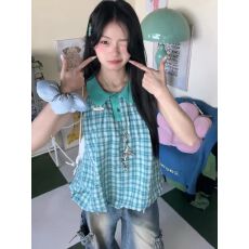 批发2026蓝绿格纹<b class='q'>娃娃领</b>无袖背心女夏季多巴胺修身高级感辣妹上衣