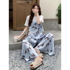批发夏季套装裙子<b class='q'>大码</b>胖mm度假风碎花吊带t恤短袖阔腿裤裙两件套