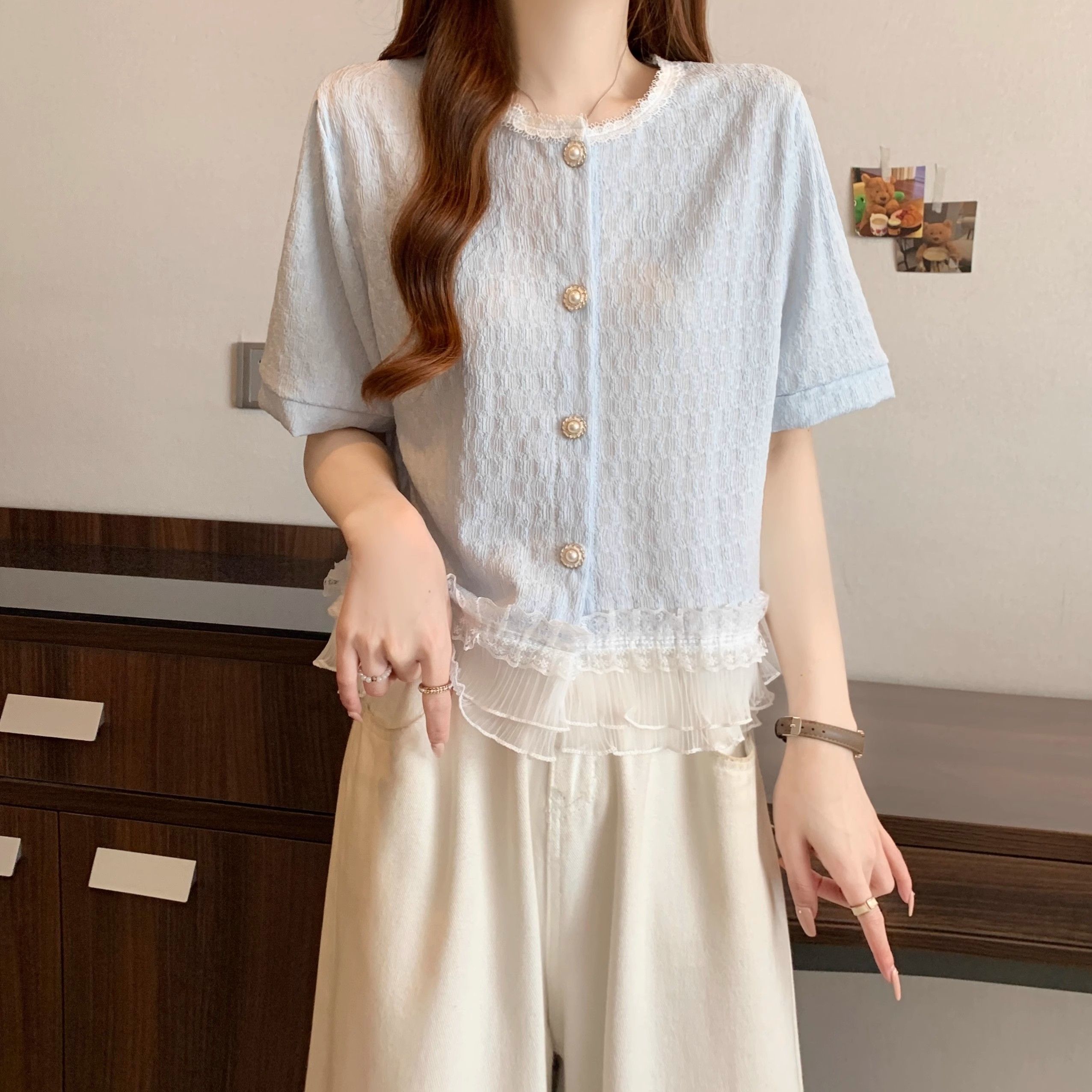RY7626# 小香风蕾丝花边拼接珍珠扣短袖小衫甜美减龄大码胖mm上衣2026新款
