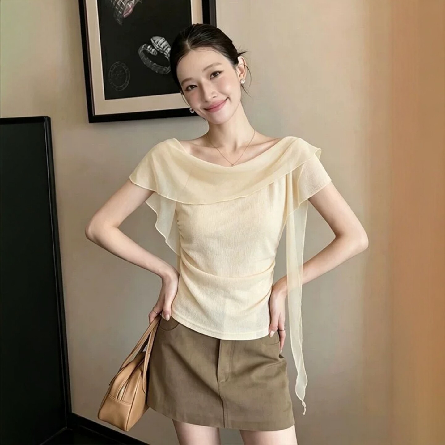 RY7621# 法式黄色一字肩短袖T恤女2026夏季新款大码胖MM显瘦气质绝美上衣
