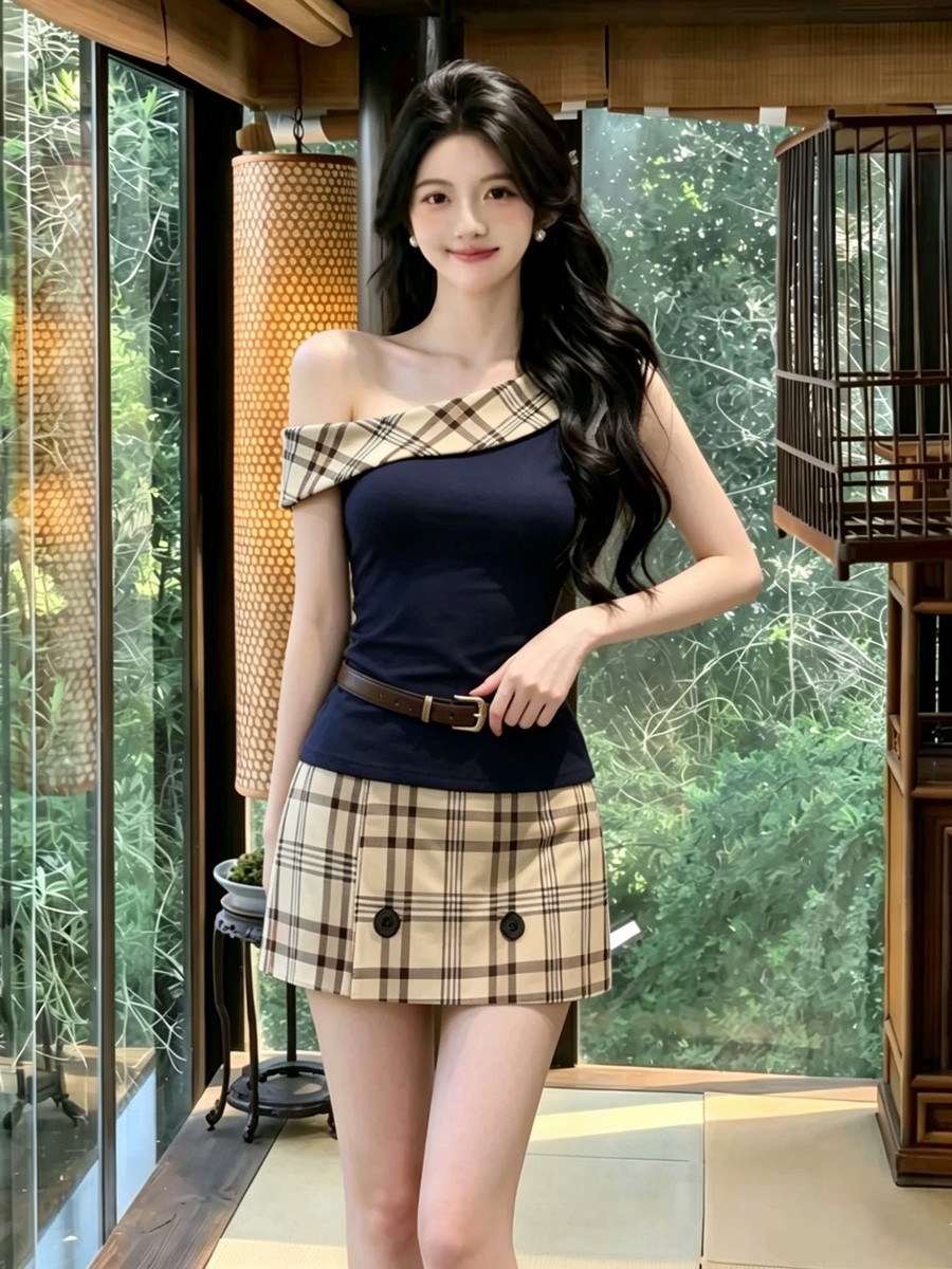 BY30052# 夏季新款松弛感时尚气质修身露肩上衣女显瘦高腰格纹半身裙两件套 服裝批發女裝批發服飾貨源