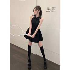 批发收腰无袖挂脖露肩露背衬衫连衣裙女夏季<b class='q'>显瘦</b>翻领小众韩版百褶裙子